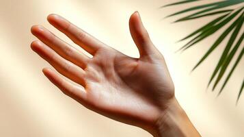 A hand stretches upward, inviting warmth from the soft light and greenery photo