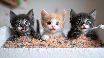 Three curious kittens eagerly investigate their vibrant litter box photo