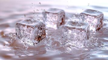 hielo cubitos soltar dentro agua, creando salpicaduras y ondas de líquido frescura foto