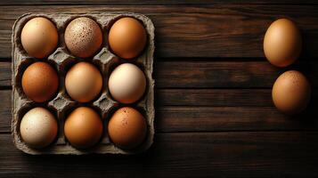 Twelve eggs in a carton with two set aside, glowing in warm evening light photo