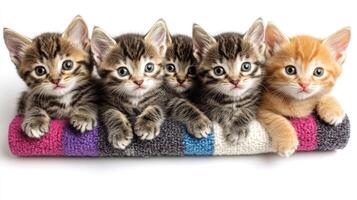 Five playful kittens cuddle together on a soft and colorful blanket photo