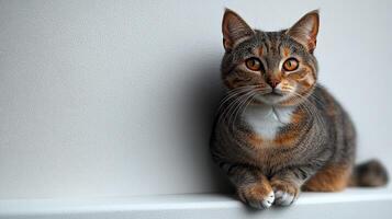 The playful tabby cat relaxes peacefully, showcasing its vibrant fur colors photo