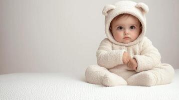 A curious child dressed as a teddy bear sits on a soft surface photo