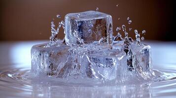 Ice cubes create ripples and splashes in shimmering water droplets photo