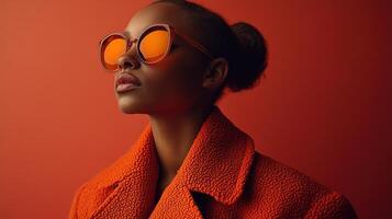 A woman models bold orange attire and mirrored sunglasses against a warm backdrop photo