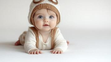 A joyful baby with big eyes explores a soft, light-colored surface photo