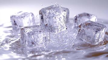 Ice cubes create ripples as they plunge into calm, refreshing water photo