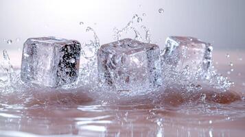 Ice cubes collide with water, creating dazzling splashes in serene surroundings photo