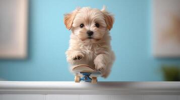 Puppy joyfully skates on a mini board, capturing hearts with its playful spirit photo