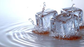 Ice cubes tumble into a refreshing drink, sending droplets into the air photo