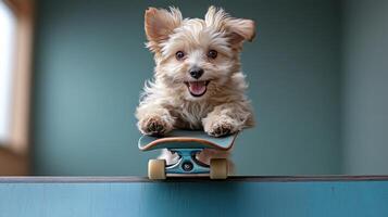 A cheerful puppy skates with excitement across a colorful surface photo