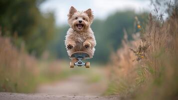 A dog happily skateboards down a tranquil dirt path in nature photo