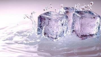 Ice cubes create ripples as they splash into clear water, reflecting soft light photo
