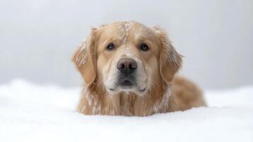 A playful golden retriever chilled as snowflakes settle on its fur photo