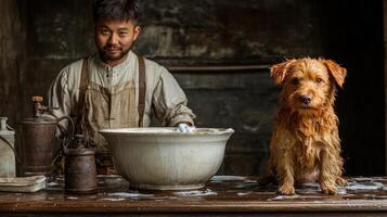 A skilled artisan shapes clay with his dog by his side in a cozy workshop photo