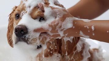 A golden retriever being pampered with a gentle soap wash at home photo