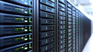 Rows of servers illuminate softly while processing data in a dimly lit room photo