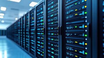 Rows of servers glow with vibrant lights in a modern data center photo