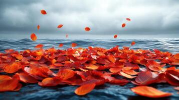 Red petals gracefully drift on ocean waves under a moody, cloudy sky photo