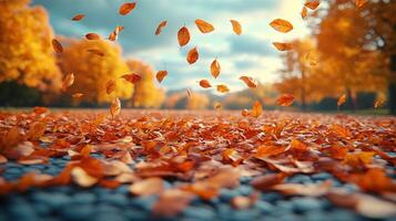 Leaves swirl gracefully through the air in a colorful fall landscape photo