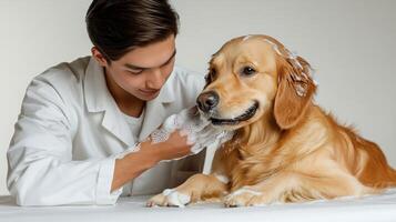 A joyful golden retriever receives a luxurious bath from a gentle groomer photo