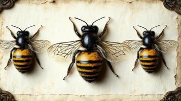 Bees delicately positioned on an aged textured backdrop showcasing their beauty photo