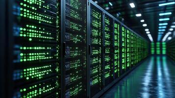 Green lights pulse softly in a futuristic data center filled with servers photo