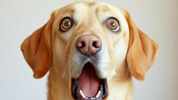 A golden Labrador looks surprised with wide eyes and an open mouth photo