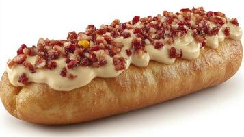 Savory bread roll topped with creamy sauce and crispy bacon bits photo