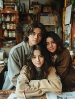 Three friends huddle together in a bookstore, creating a quiet moment of connection photo