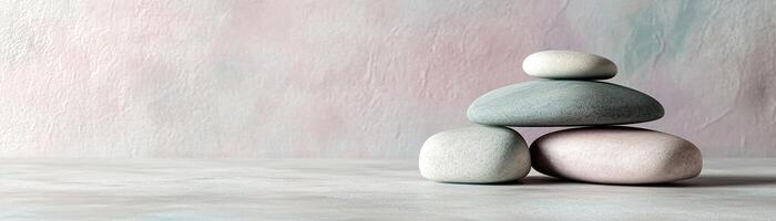 Minimalist Nordic background design featuring smooth stones and soft pastel accents for calming aesthetics and ample space for text overlay photo