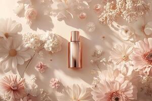 Luxury skincare product display with rose gold bottles surrounded by soft pink and white flowers on a textured light beige background photo