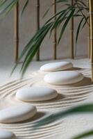 Create a calming atmosphere with a minimalist zen garden background featuring smooth stones, elegant bamboo, and harmonious sand patterns inviting relaxation and mindfulness photo