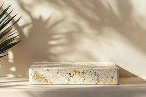 Modern Nordic-style podium with terrazzo slab and concrete base in a minimalist setting for elegant presentations photo