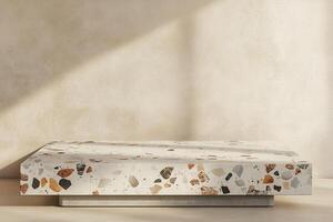 Modern Nordic podium design featuring terrazzo and concrete against a soft beige background with ample space for text photo