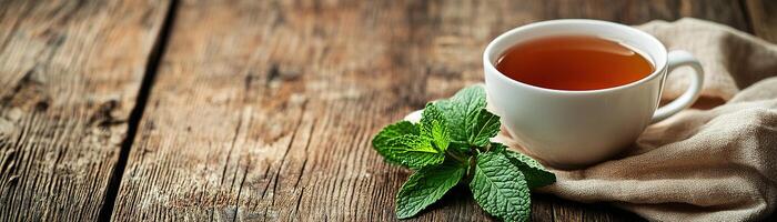 Herbal tea with fresh mint leaves on a rustic wooden table creates a calming atmosphere for relaxation and enjoyment photo