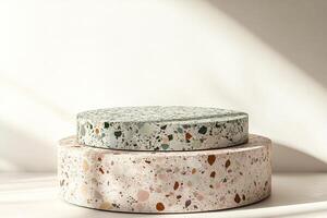 Sleek terrazzo podium featured in modern Nordic design with pastel colors for a minimalist display in a contemporary setting photo
