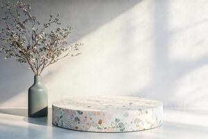 Sleek terrazzo podium with natural stone chips displayed in a modern Nordic setting ideal for presentations or exhibitions photo