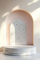 Sleek terrazzo podium featuring muted pastel stone chips, set in a modern Nordic style with ample space for text overlay against a soft neutral background photo