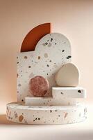 Discover unique design with an abstract terrazzo podium featuring organic shapes and clay accents against a light pastel background in ultra-HD resolution photo