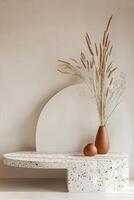 Unique abstract podium designed with terrazzo and clay accents, showcasing organic shapes and natural textures against a light pastel background, inspired by modern Scandinavian aesthetics photo