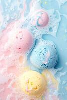 Colorful bath bombs dissolving in pastel water create a serene and playful atmosphere with soft swirls and vibrant hues photo