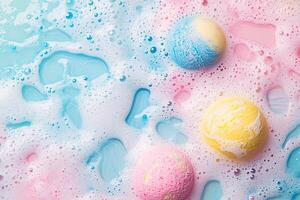 Colorful bath bombs dissolve in soft pastel water creating a serene and luxurious atmosphere for relaxation and enjoyment photo