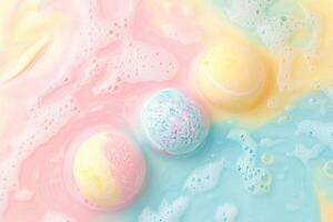 Colorful bath bombs dissolve in pastel water, creating a luxurious and calming experience for relaxation and self-care photo