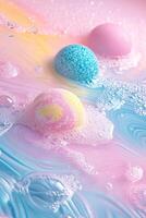 Colorful bath bombs dissolve in pastel water creating a calming and luxurious atmosphere for relaxation and self-care photo
