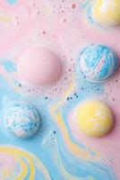 Colorful bath bombs dissolving peacefully in pastel water, creating serene swirls of pink, blue, and yellow for an inviting and relaxing atmosphere photo