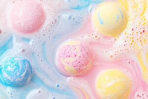 Calmness and luxury blend with colorful bath bombs dissolving in pastel hues of pink, blue, and yellow creating soothing swirls in water photo