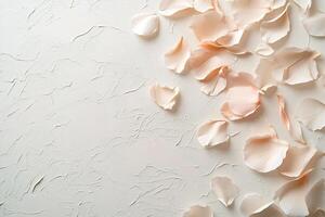 Elegant blush pink petals scattered on a smooth cream background create a serene and sophisticated ambiance suitable for various designs photo
