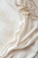 Elegant abstract mood board layout with fabric and paper swatches set against a soft neutral background photo
