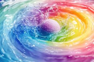 Colorful bath bomb dissolving in water creates vibrant swirling patterns while allowing for creative text placement photo
